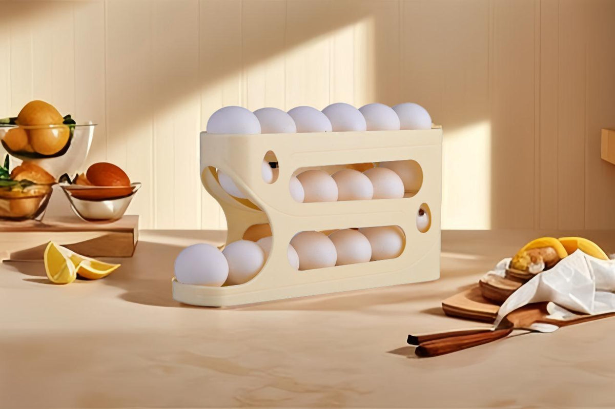 Rolling Egg & Lemon Dispenser for 18-24 Eggs, Space-Saving And Durable Storage Solution With Gravity three Layer Plastic Egg Holder Container Storage Rack Ideal For Fridge And Pantry Rectangular - GrabaDeal