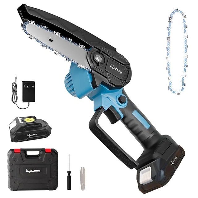 Cordless Mini Chainsaw 6-Inch | 20V Rechargeable Electric Pruning Saw with 2 Batteries, Extra Chain & Carry Case - GrabaDeal
